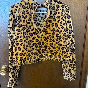 Leopard cropped fleece quarter zip sweater